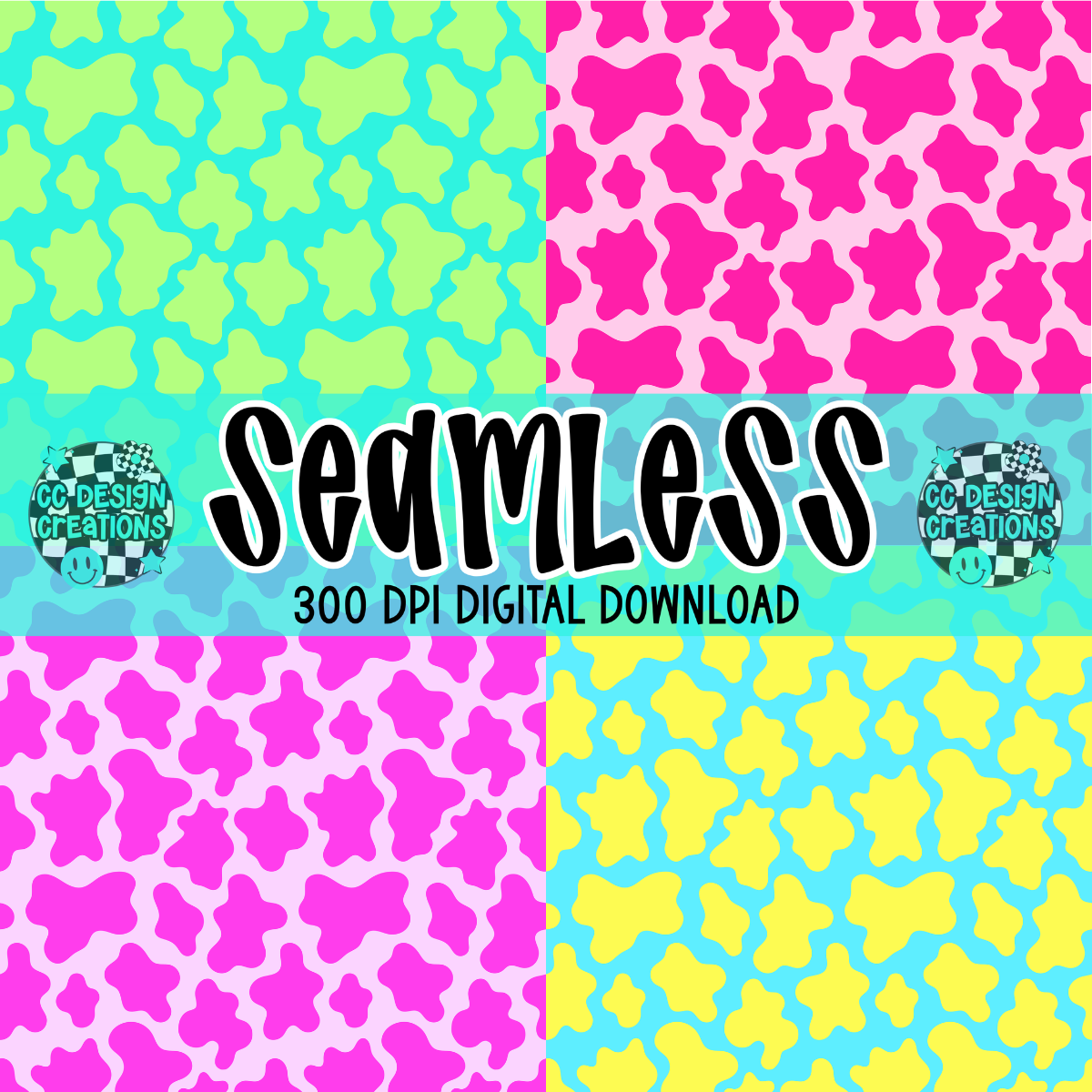 Neon Cow SEAMLESS Bundle PNG Digital Download